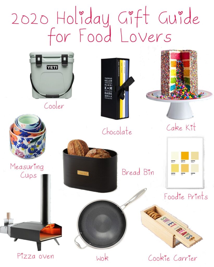 Collage featuring items from the 2020 holiday gift guide for food lovers, including measuring cups, bread bin, cooler, chocolate, cake kit, cheese print, cookie carrier, wok, and pizza oven