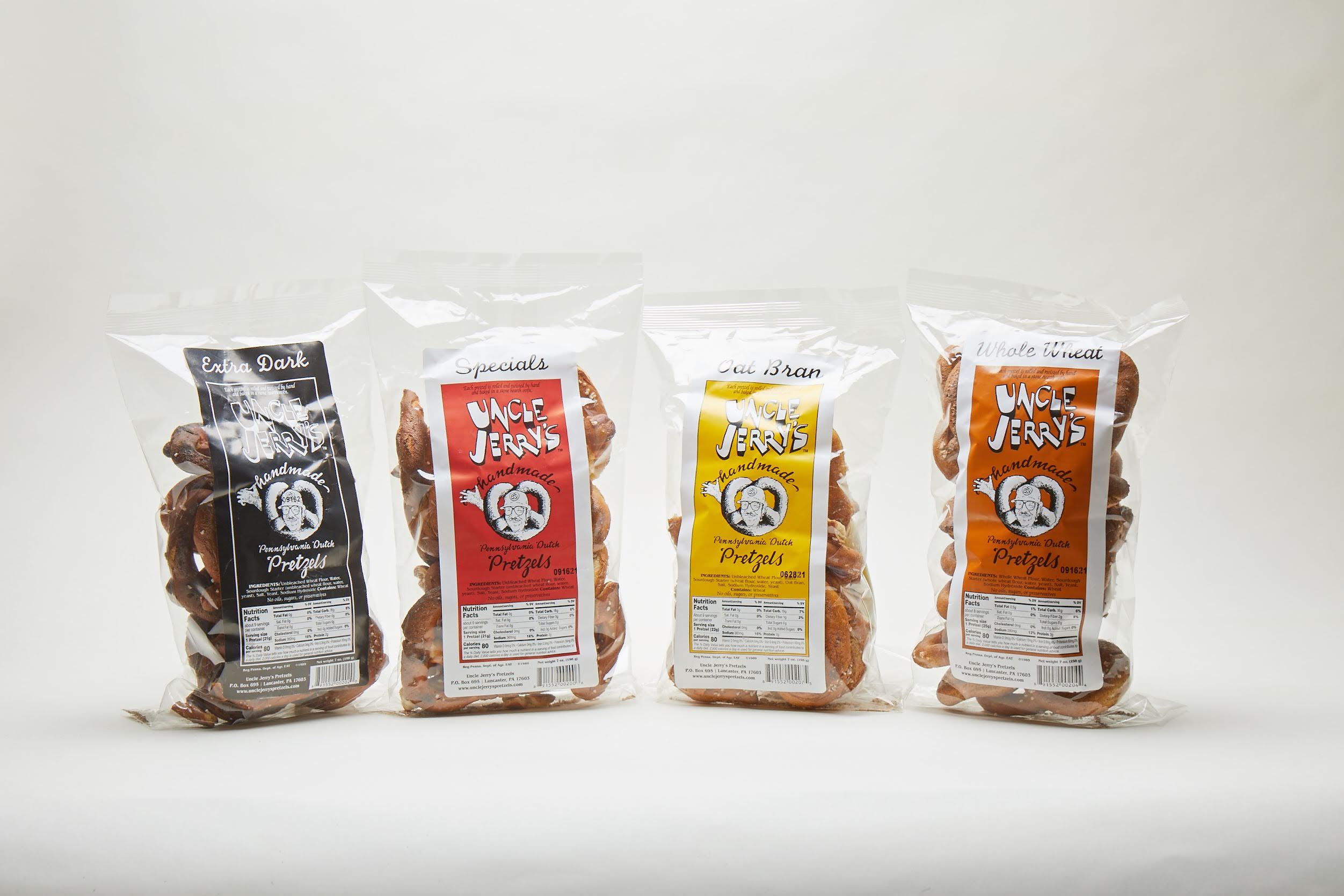 Lineup of Uncle Jerry's Pretzels.