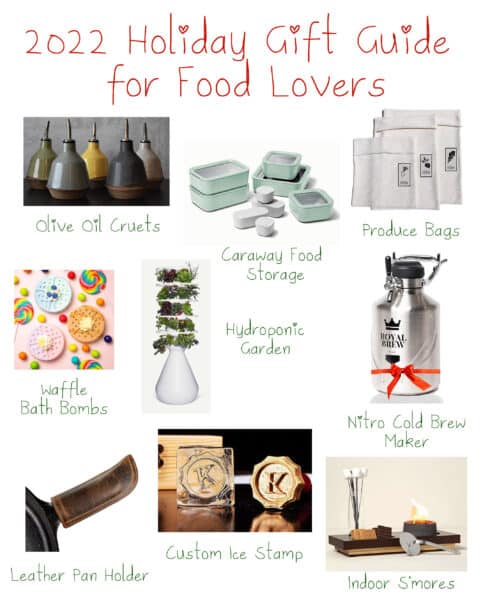 Collage showing various gifts in the 2022 holiday gift guide for foodies.