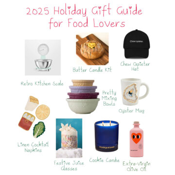 Collage image showing various gifts from the 2025 gift guide for food lovers.