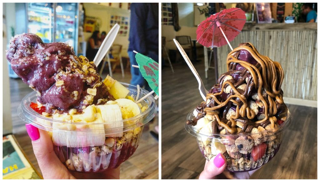 Collage of Acai bowl and Acai Cookie Monster bowl featuring lots of acai, bananas, cookies, and cookie butter from The Big Island Juice Co. in Hilo on the Big Island of Hawaii