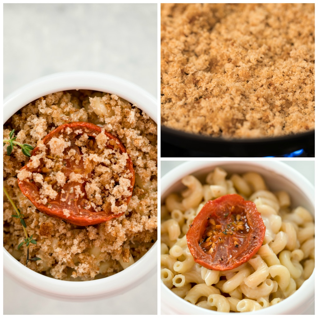 Collage showing lighter mac and cheese being assembled with the toasting of the breadcrumbs, mac and cheese in a ramekin with a tomato on top, and sprinkled with breadcrumbs and thyme