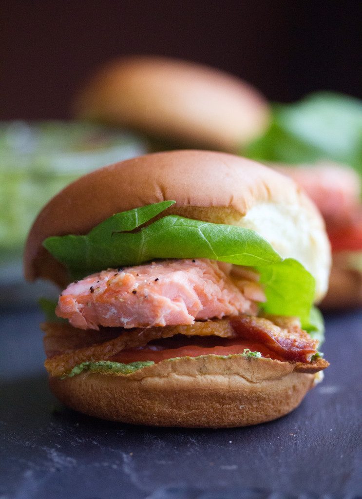 Alaskan Salmon BLT Pesto Sliders -- A healthy burger, plus bacon! |wearenotmartha.com
