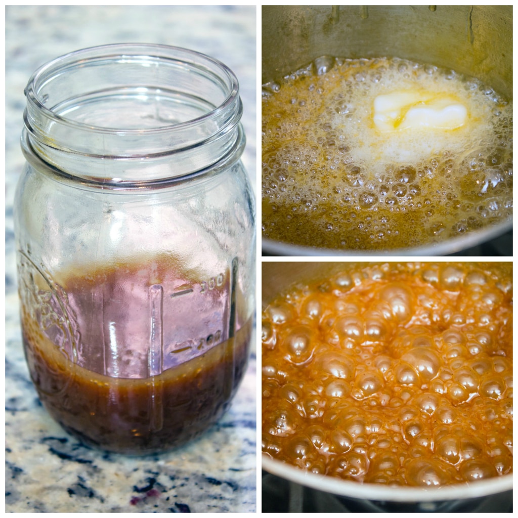 Collage showing apple cider caramel making process, including caramelized sugar and butter in saucepan, caramel bubbling in saucepan, and caramel in mason jar