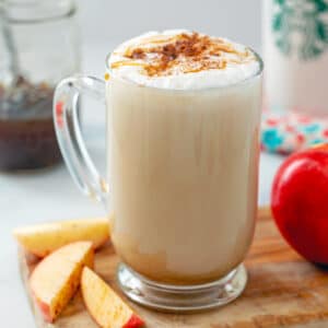 Close-up view of an apple crisp macchiato Starbucks copycat coffee drink with apples all around