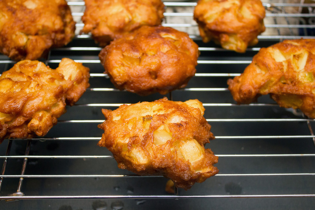 Apple Fritters Fried and cooling on baking rack