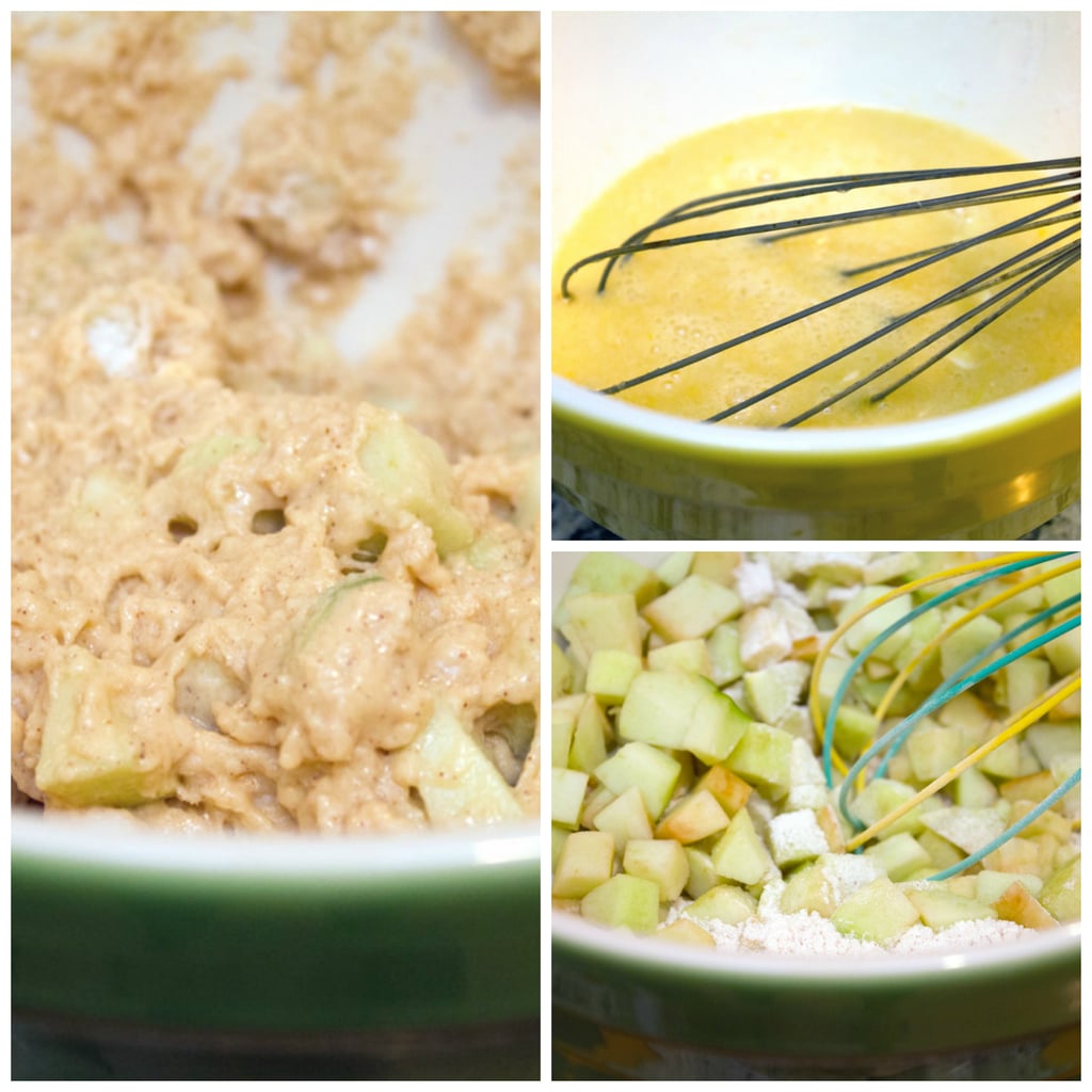 Collage showing process for making apple fritter batter, including wet ingredients whisked together, chopped apples being mixed into dry ingredients, and finished batter in bowl