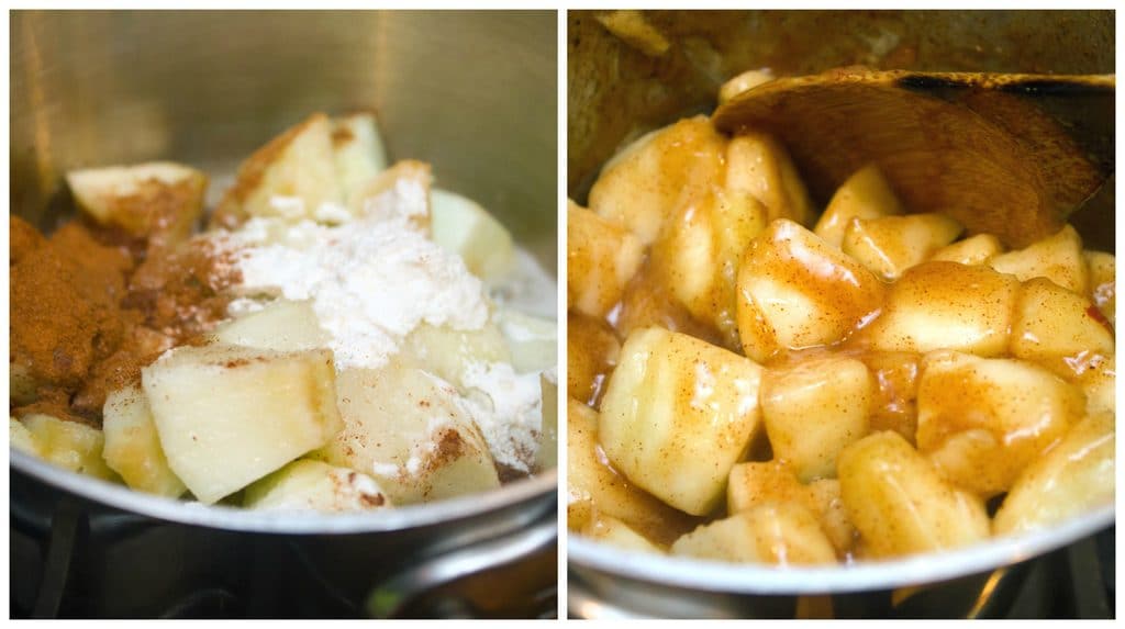 Collage showing process for making apple pie filling for ice cream, including photo of apples, sugar, cinnamon, and flour in pan and photo of cooked apple pie filling