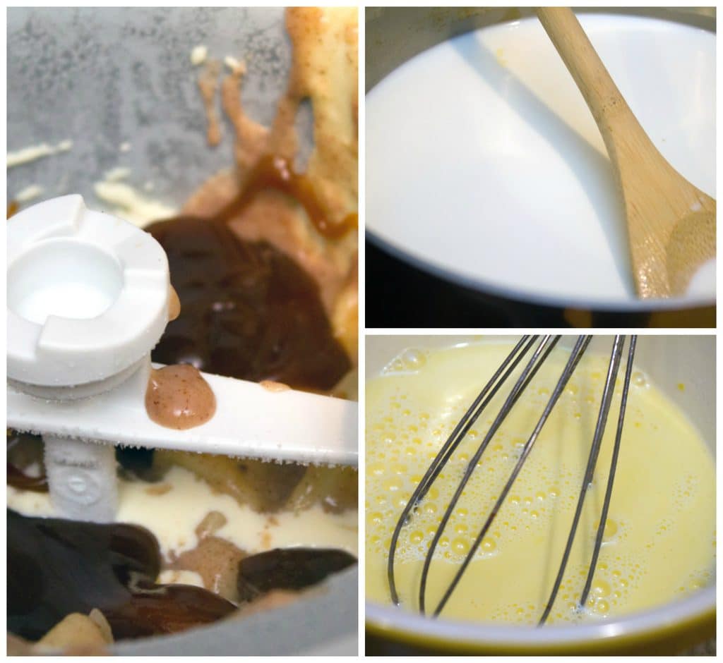 Collage showing process for making apple pie ice cream, including milk and sugar in saucepan, eggs and milk tempering in bowl, and ice cream with caramel and apple pie filling churning in ice cream maker