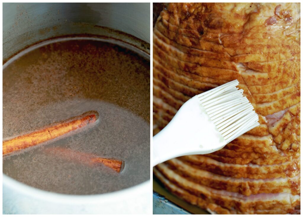 Collage with one photo showing apple cider cinnamon stick glaze for ham being made in a saucepan and glaze being brushed onto spiral sliced ham