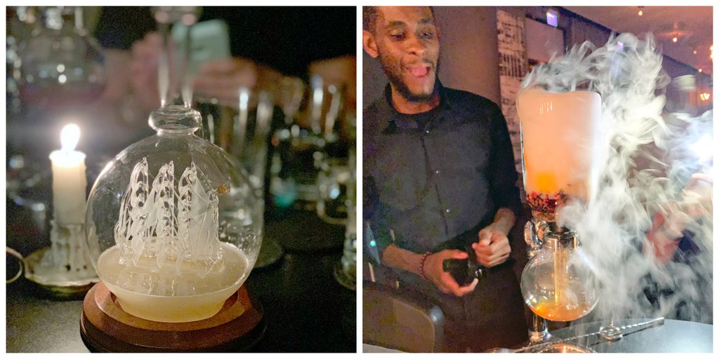 Collage showing two different cocktails from Chicago's The Aviary, including Loaded to the Gunwalls and Passion of the Ice