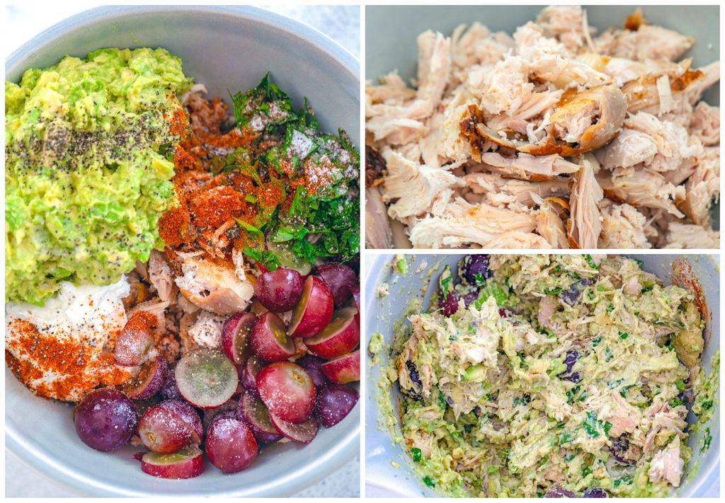 Collage showing process for making avocado chicken salad, including shredded chicken in a bowl; all ingredients including mashed avocado, yogurt, shredded chicken, grapes, parsley, and cayenne in a bowl; and all ingredients mixed together in the bowl