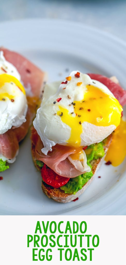 Avocado Prosciutto Egg Toast -- This avocado egg toast is topped with roasted tomatoes and prosciutto, making it an incredibly satisfying and delicious breakfast... And also perfect for breakfast for dinner | wearenotmartha.com #avocadotoast #eggtoast #eggs #avocado #breakfast
