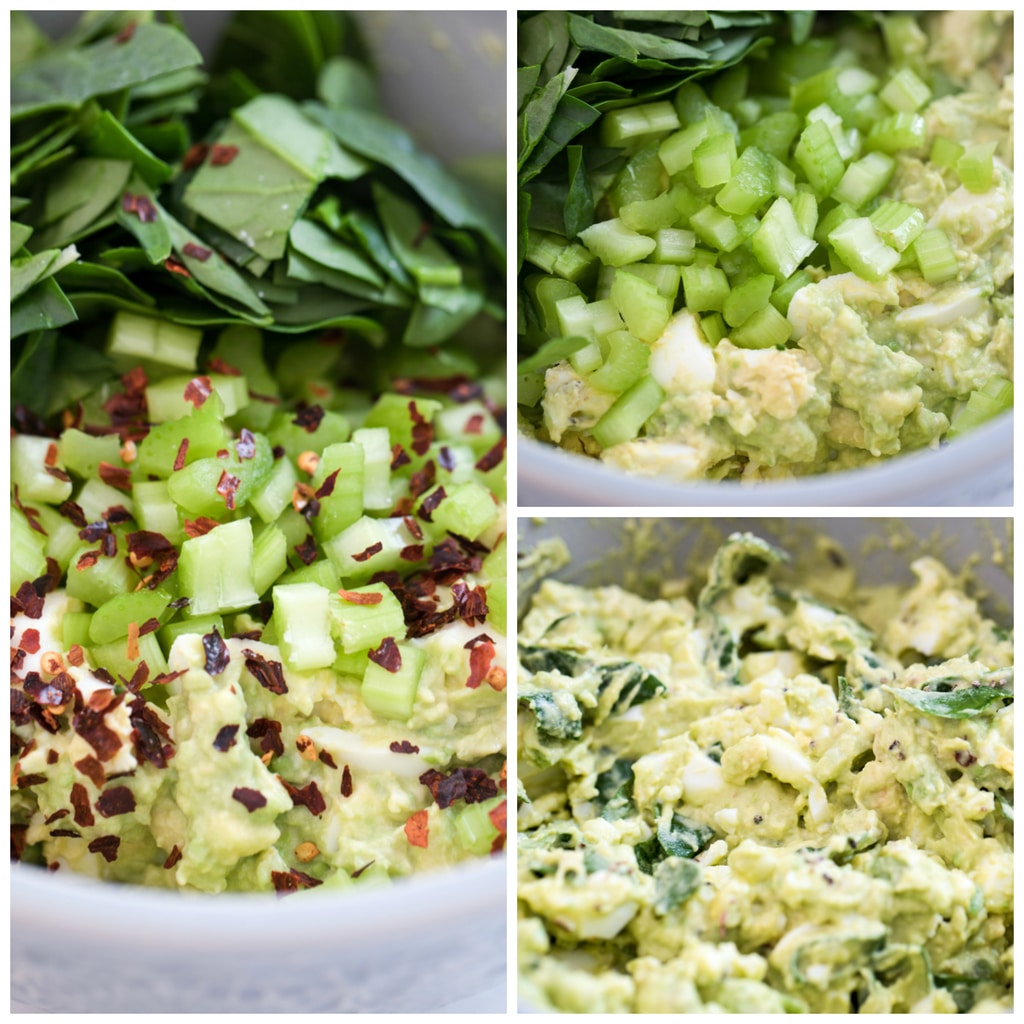 Collage showing avocado egg salad in a bowl with spinach, and celery, showing all ingredients with red pepper flakes added, and showing all ingredients combined