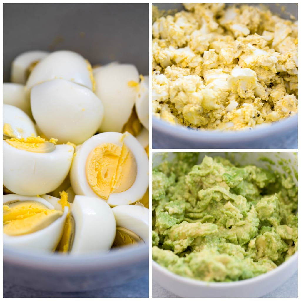 Collage showing hard boiled eggs, hard boiled eggs mashed in a bowl, and avocado mashed in a bowl