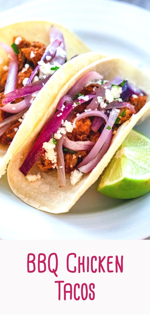 BBQ Chicken Tacos -- Looking to switch up your regular taco night? These easy-to-make BBQ Chicken Tacos are made with a homemade BBQ sauce, sautéed onions, and queso fresco cheese | wearenotmartha.com #bbq #chicken #tacos