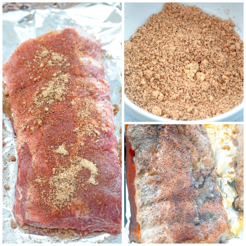 Collage showing including spices for rub mixed in bowl, spice rub rubbed over rack of ribs, and ribs baked with spice rub