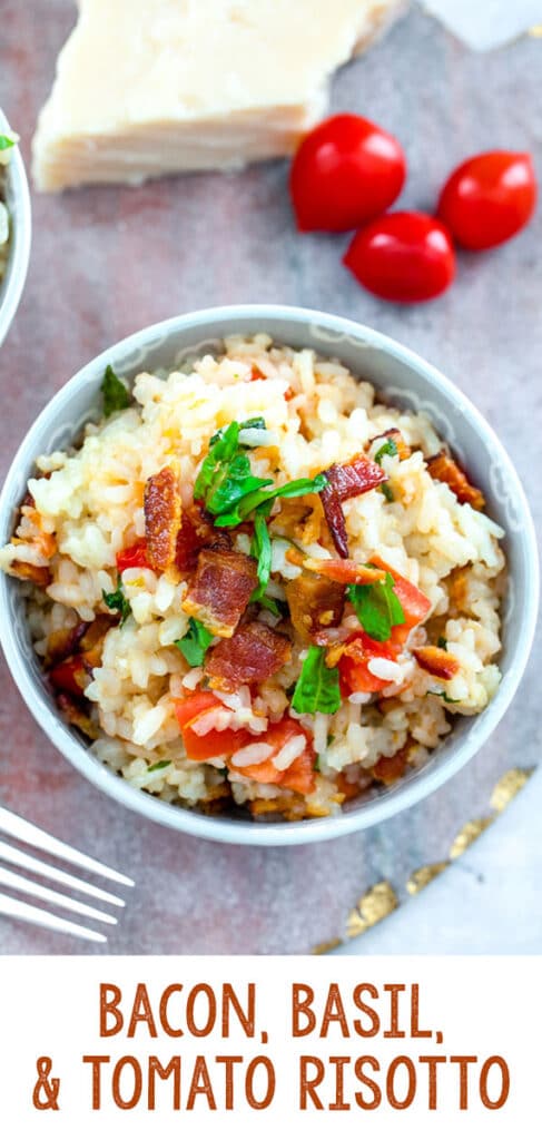 Bacon, Basil, and Tomato Risotto -- BLT risotto sounds lovely, but an easy swap of lettuce for basil makes for a much more enjoyable dish and this Bacon, Basil, and Tomato Risotto is the ultimate summer dinner | wearenotmartha.com #risotto #BLTs #baconrecipes #easydinners #easyrecipes
