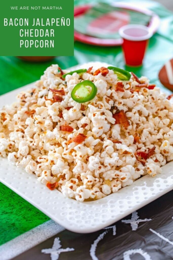 This Bacon Jalapeño Cheddar Popcorn is the packed with flavor and is the perfect game day snack... But it can be served at any party or movie night at home! | wearenotmartha.com #partyfood #footballfood #partypopcorn #movienight #easysnacks