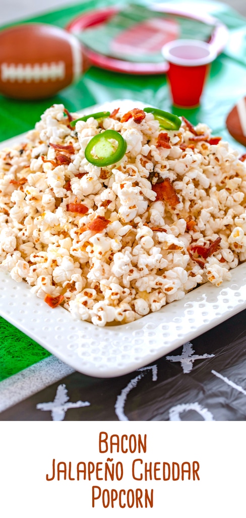 This Bacon Jalapeño Cheddar Popcorn is the perfect football watching party snack. It's a little bit spicy, a little bit cheesy, and packed with flavor!