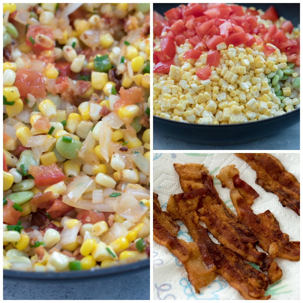 A collage featuring bacon succotash making process including corn, lime beans, tomatoes, jalapeño peppers, and bacon