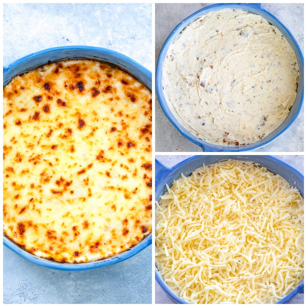 Collage showing process for making bacon white pizza dip, including cream cheese mixture spread in baking dish, cheese sprinkled over cream cheese, and dip right out of the oven bubbling and golden