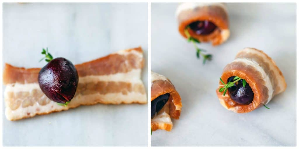 Collage with one photo showing cherry and thyme on bacon strip and one with cherry and thyme wrapped in bacon strip