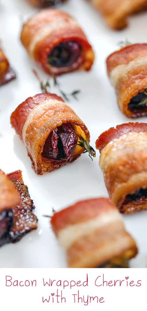 These Bacon Wrapped Cherries with Thyme are the best summer appetizer recipe, perfect for bringing to parties! | wearenotmartha.com #cherries #summerrecipes #appetizers #cherryrecipes #baconrecipes