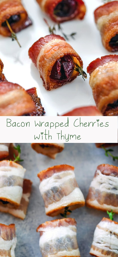 Bacon Wrapped Cherries with Thyme -- Your search for the perfect easy summer appetizer is over! These Bacon Wrapped Cherries with Thyme involve just three ingredients and are incredibly unique bite-sized party apps | wearenotmartha.com