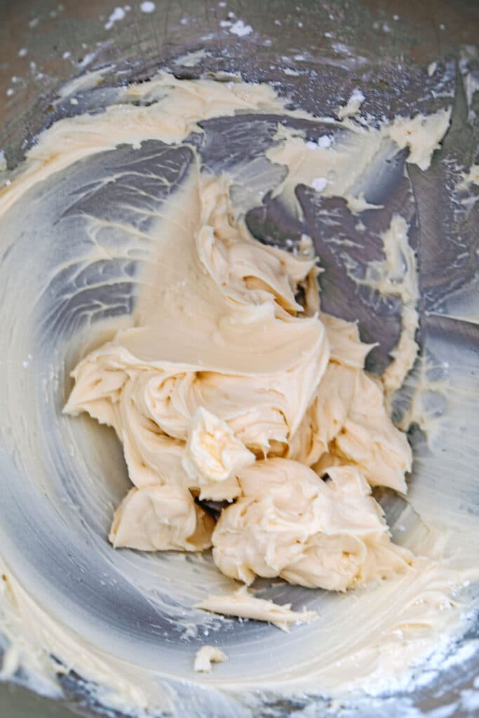 Overhead view of a mixing bowl with Baileys buttercream