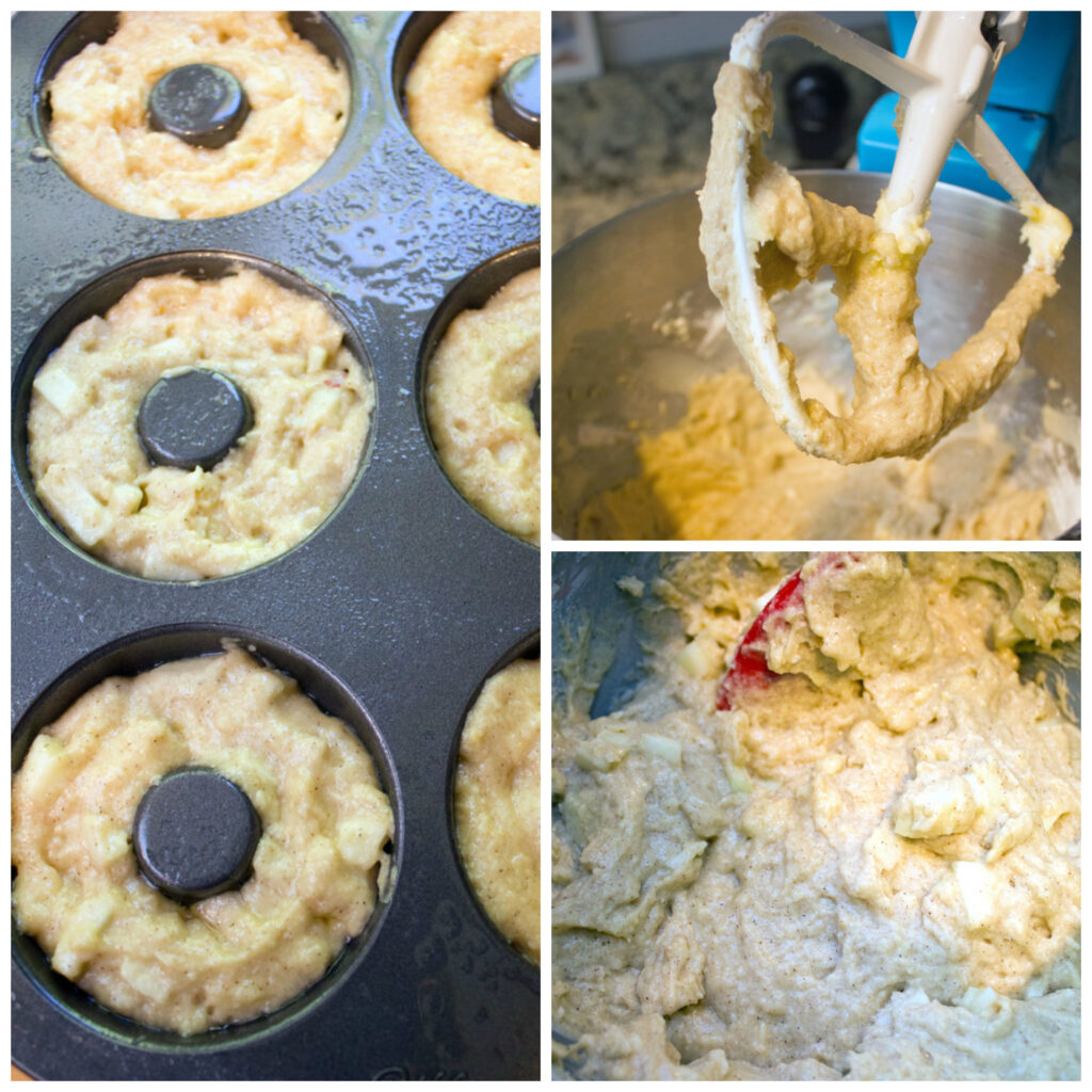 Collage showing process for making baked apple coffee cake doughnuts, including doughnut batter being prepared in mixer, doughnut batter combined in bowl, and doughnut batter in doughnut pan before going in the oven
