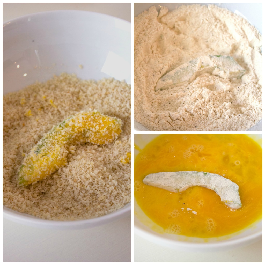 Collage showing process for dredging sliced avocados, including avocado dunked in flour, avocado dipped in egg wash, and avocado dunked in panko
