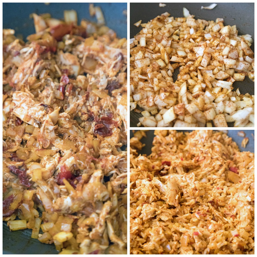 Collage showing onions cooking in pan, chipotle peppers and chicken added to pan, and rice added to mixture in pan