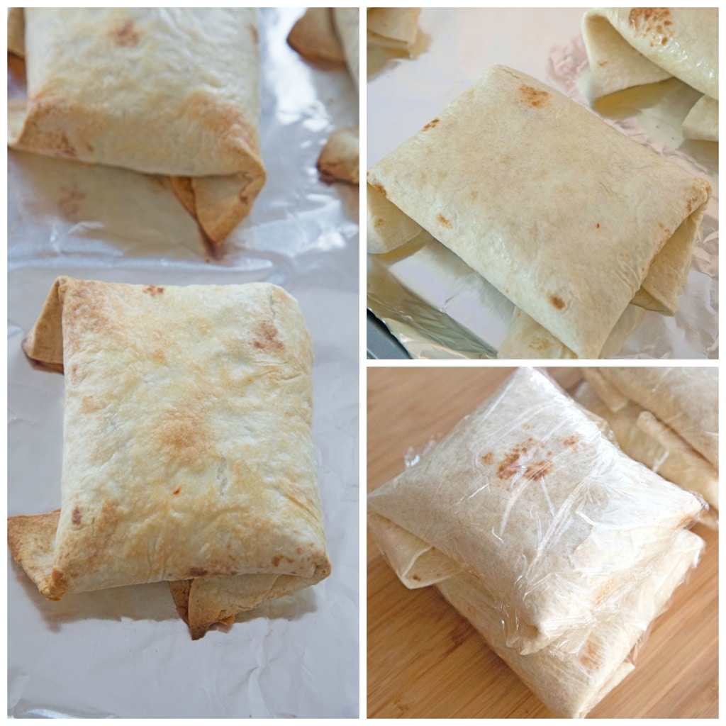 Collage showing chimichangas on baking sheet, baked and golden, and wrapped and ready for freezer
