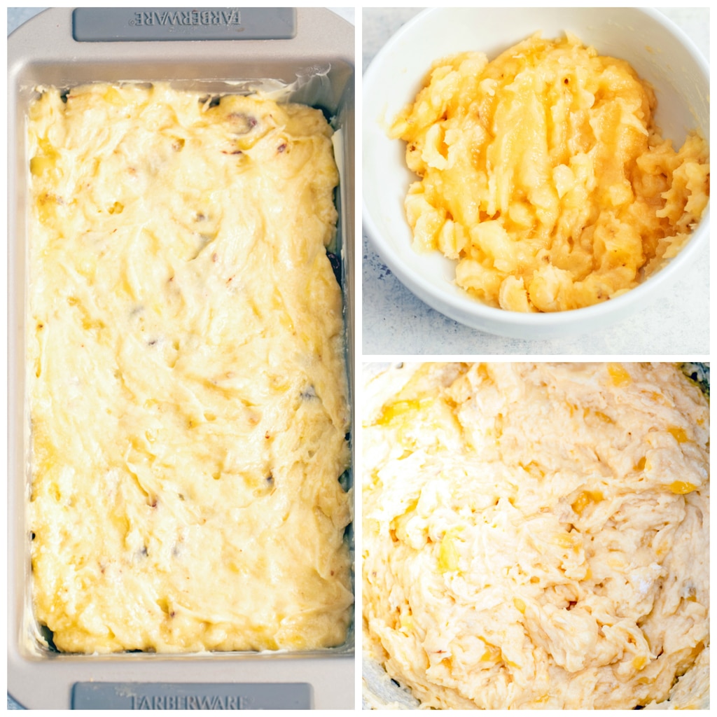 Collage showing process for making chocolate chip banana bread, including banana mashed in bowl, banana bread batter in bowl, and chocolate chip banana bread batter spread in buttered loaf pan.