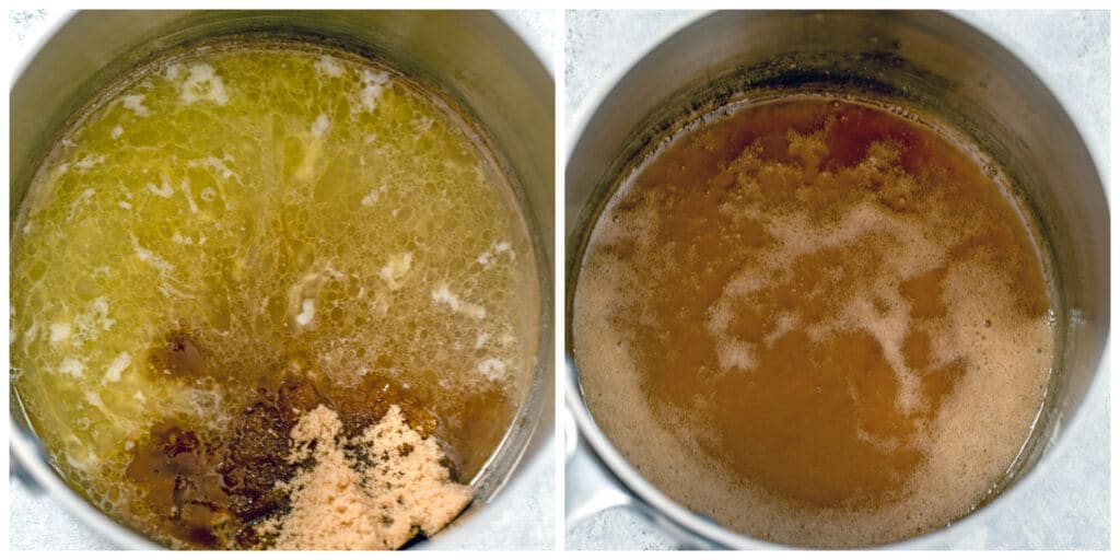 Collage showing process for making banana pecan caramel sauce in saucepan