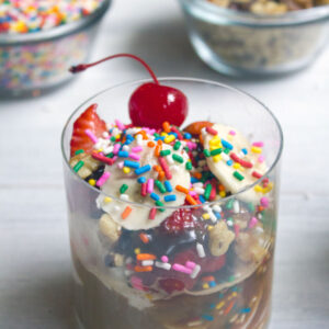 Banana Split Affogato -- Ice cream and espresso with all the traditional banana split toppings | wearenotmartha.com