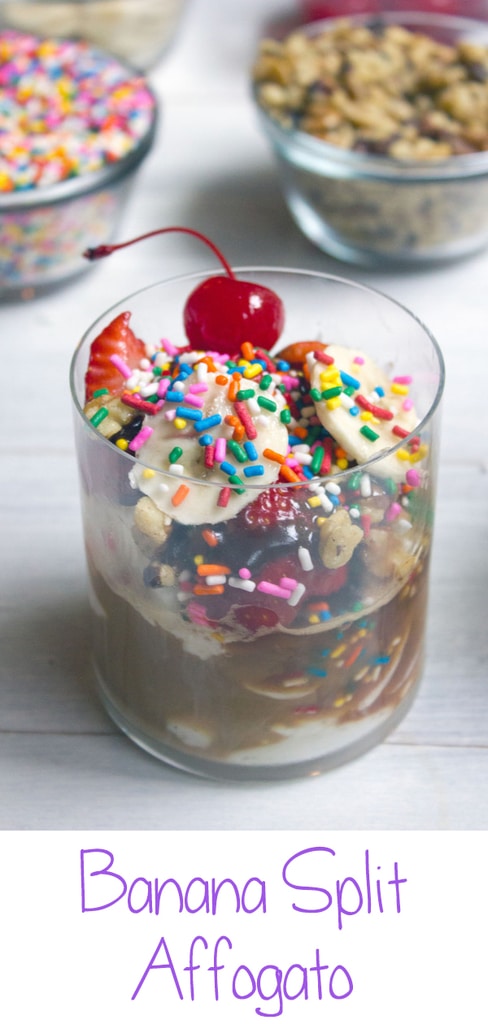 Banana Split Affogato -- Ice cream and espresso with all the traditional banana split toppings. Is it breakfast or dessert? You decide! | wearenotmartha.com #affogato #bananasplit #espresso #coffee #icecream #sprinkles