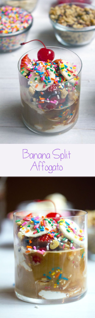 Banana Split Affogato -- Ice cream and espresso with all the traditional banana split toppings. Is it breakfast or dessert? You decide! | wearenotmartha.com #affogato #bananasplit #espresso #coffee #icecream #sprinkles