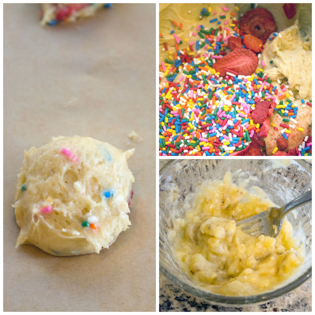 Collage showing process for making banana split cookies, including mashed banana in bowl, batter with sprinkles and freeze-dried strawberries in mixer, and dough formed into cookies on baking sheet