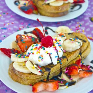 Banana Spit French Toast -- Banana Split French Toast is banana-infused french toast with all the classic banana split toppings. A traditional American dessert reimagined for breakfast! | wearenotmartha.com