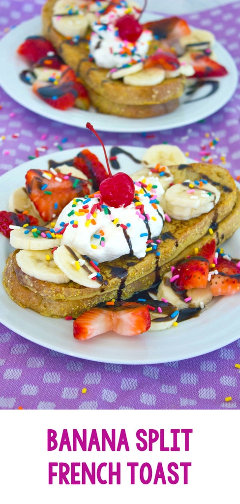 Banana Spit French Toast -- Banana Split French Toast is banana-infused french toast with all the classic banana split toppings. A traditional American dessert reimagined for breakfast! | wearenotmartha.com #frenchtoast #bananasplit #brunch #sprinkles