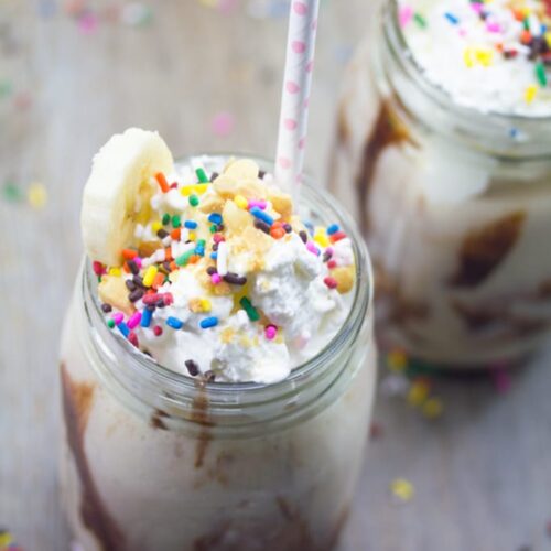 Banana Split Vodka Milkshake -- Banana splits are nice, but they're even sweeter when served in milkshake form with a splash of vodka! | wearenotmartha.com