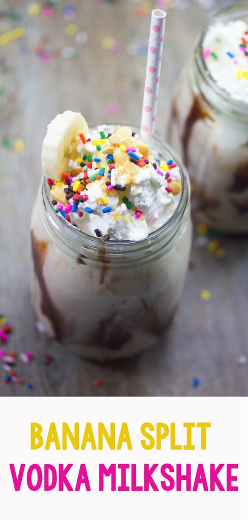 Banana Split Vodka Milkshake -- Banana splits are nice, but they're even sweeter when served in milkshake form with a splash of vodka! | wearenotmartha.com #bananasplit #vodka #milkshake #vodkamilkshake #banana