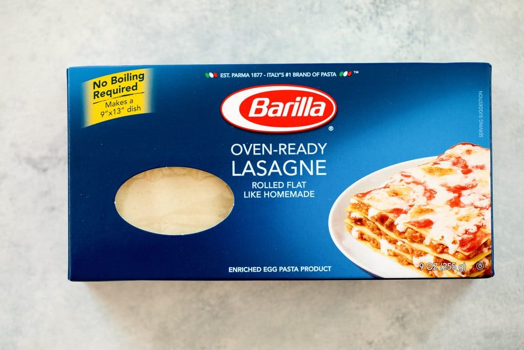 Barilla Oven-Ready Lasagna Noodles package on the counter