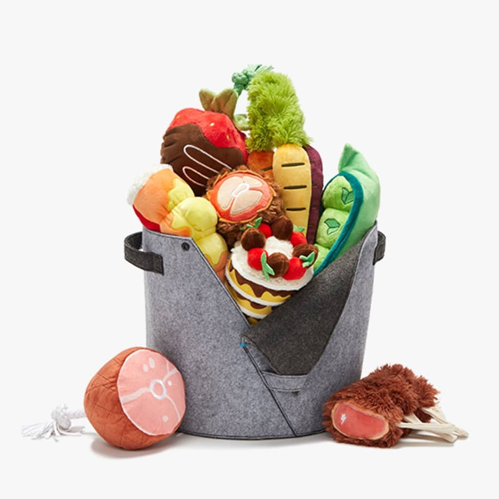 Head-on view of basket full of food dog toys