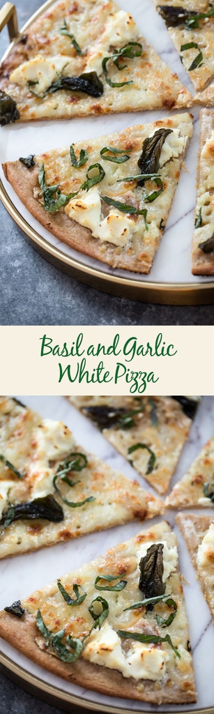 Basil and Garlic White Pizza -- Traditional pizza is always delicious, but there's something about a cheese-filled white pizza that really hits the spot. Add on a slathering of garlic oil and plenty of basil and you'll be in pizza heaven | wearenotmartha.com