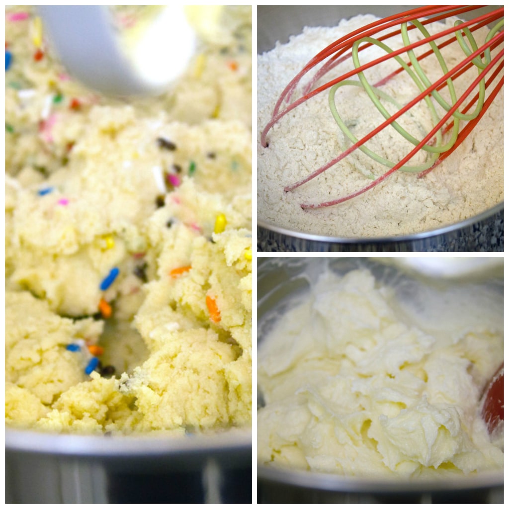 Collage showing process for making batter for cookie bowls, including flour and salt whisked together, butter and sugar beaten, and batter with sprinkles folded in