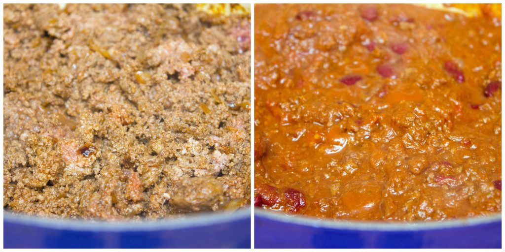 Collage showing process for making red wine pumpkin chili, including beef browning in a dutch oven and chili simmering on stove