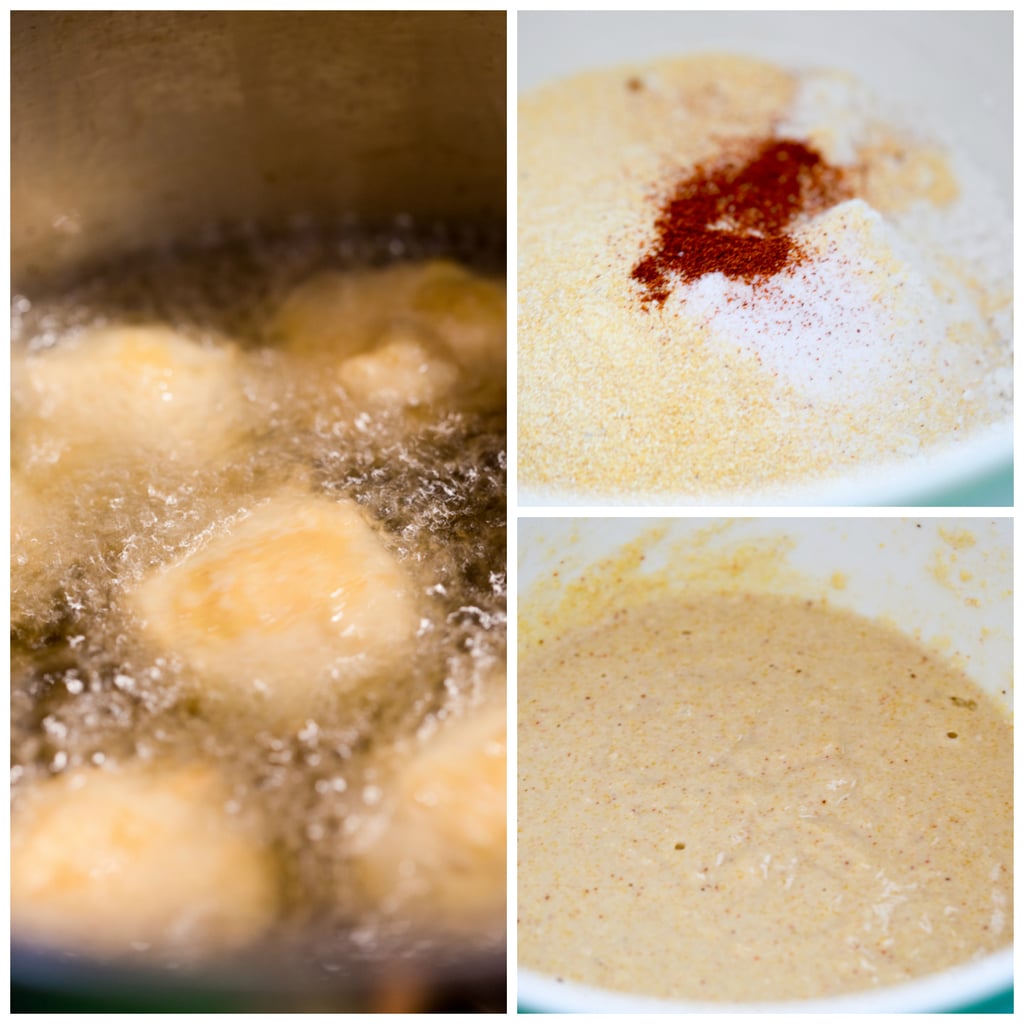 Collage showing batter mixture for fried brussels sprouts and brussels sprouts in hot oil, starting to brown